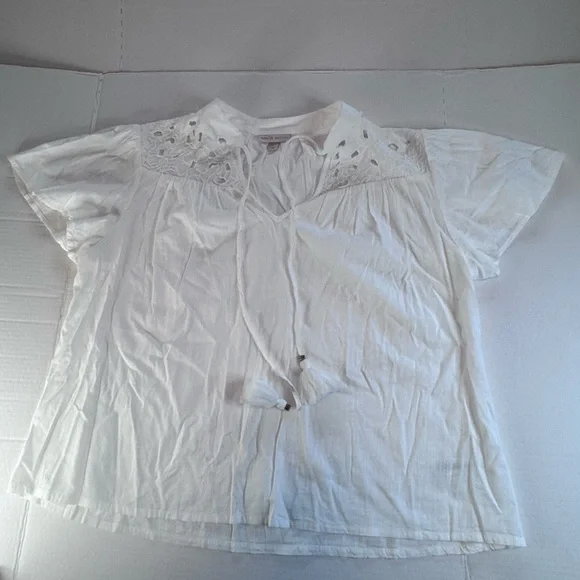 Knox Rose White Boho Embroidered Tassel Blouse Size L Cotton Peasant Top - Picture 5 of 9